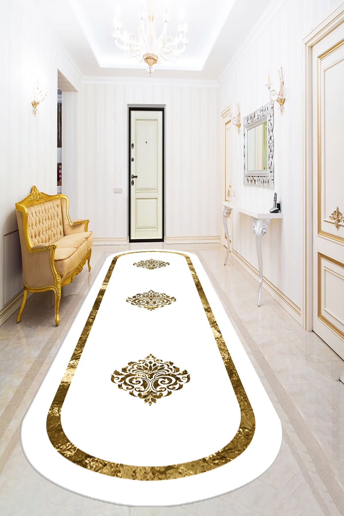 Bely Home Bely Dijital Baskılı Kaymaz Taban Yıkanabilir Gold Çerçeveli Varak Desenli Beyaz Oval Halı