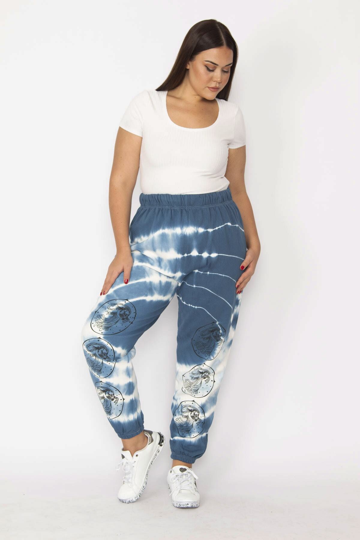 Şans-Women's Navy Blue Raised Inside 3 Thread Fabric Batik Patterned Trousers with Elastic Waist and Leg Legs 65N29150 3