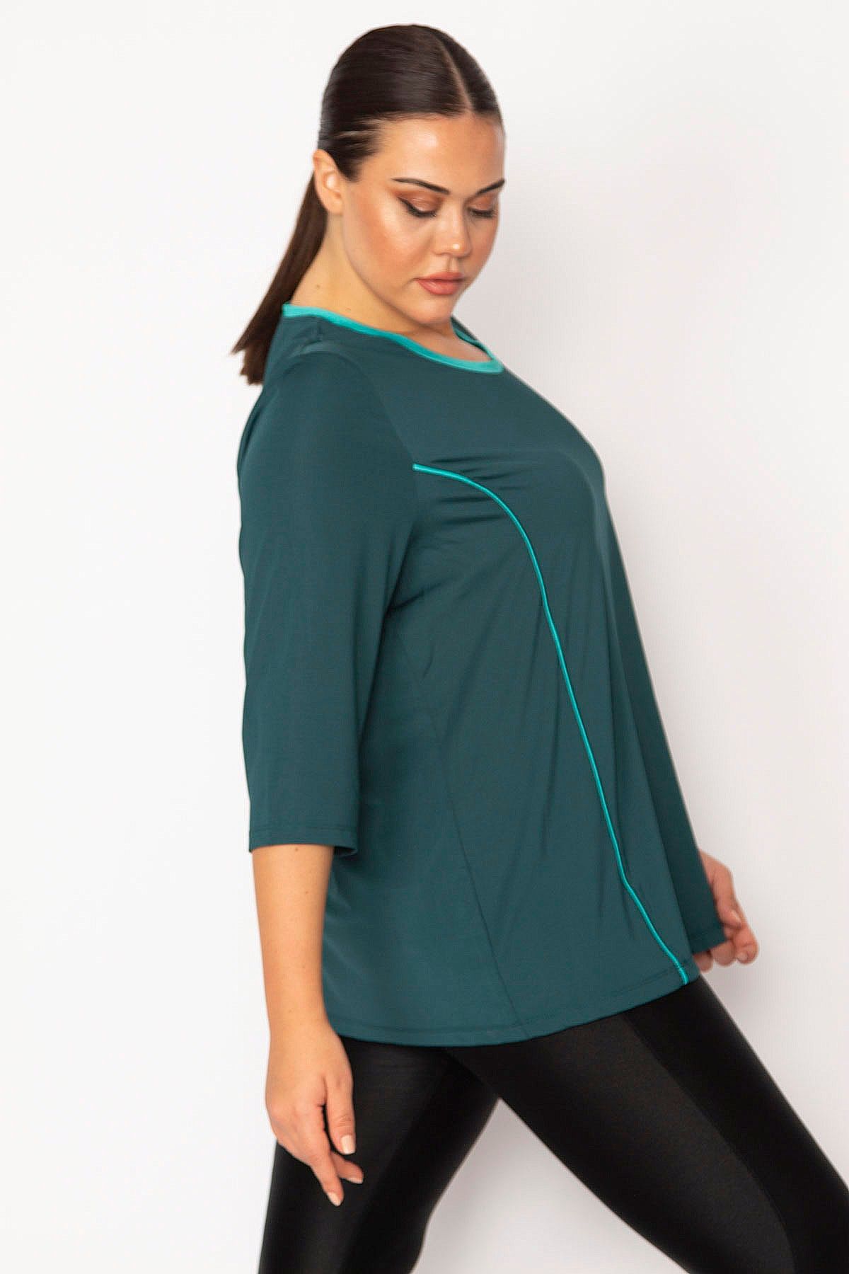 Şans-Women's Large Size Green Piping Detailed Sports Tunic 65n29135 2