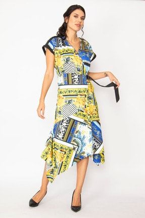 Kadın Renkli Şal Desen Anvelop Elbise 85N5953