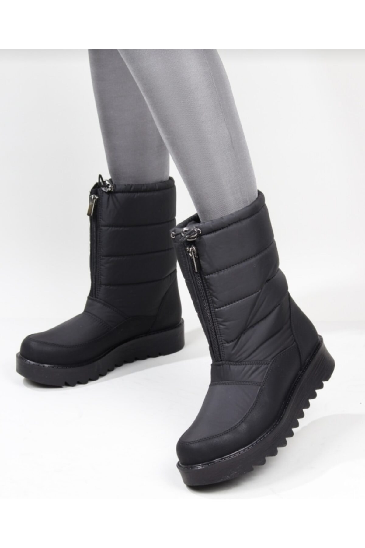 Kadın Siyah Termal Kürklü Fermuarlı Kışlık Kar Botu Ayakkabı