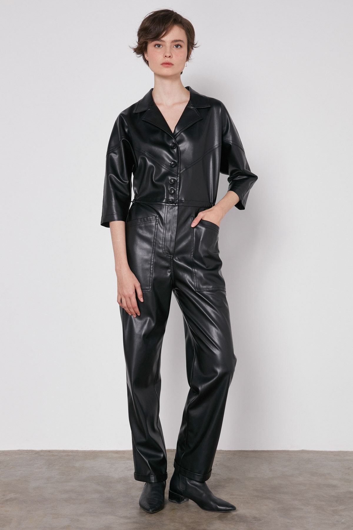 Black pleather jumpsuit shop
