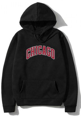 Unisex Chicago Siyah Kapüşonlu % 100 Pamuk 3 Iplik Hoodie Sweatshirt KAPŞONLU-Chicago
