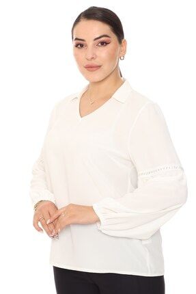 Kadın Beyaz Kolu Ince Güpür Detaylı Büyük Beden Bluz YSN00BB023