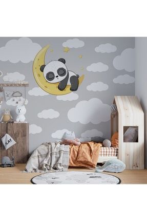 Uyuyan Panda Beyaz Yıldızlar Ve Bulutlar Dekoratif Bebek Çocuk Odası Duvar Sticker OKST10001