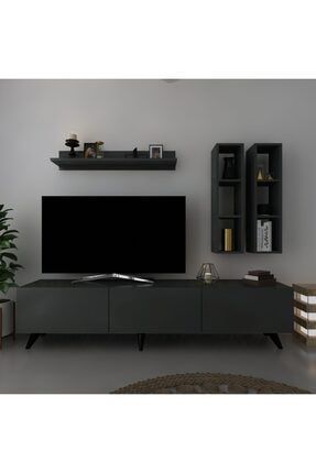 Modern Tv Ünitesi M1008-4 Antrasit Duvar Raflı Dolaplı Tv Sehpası