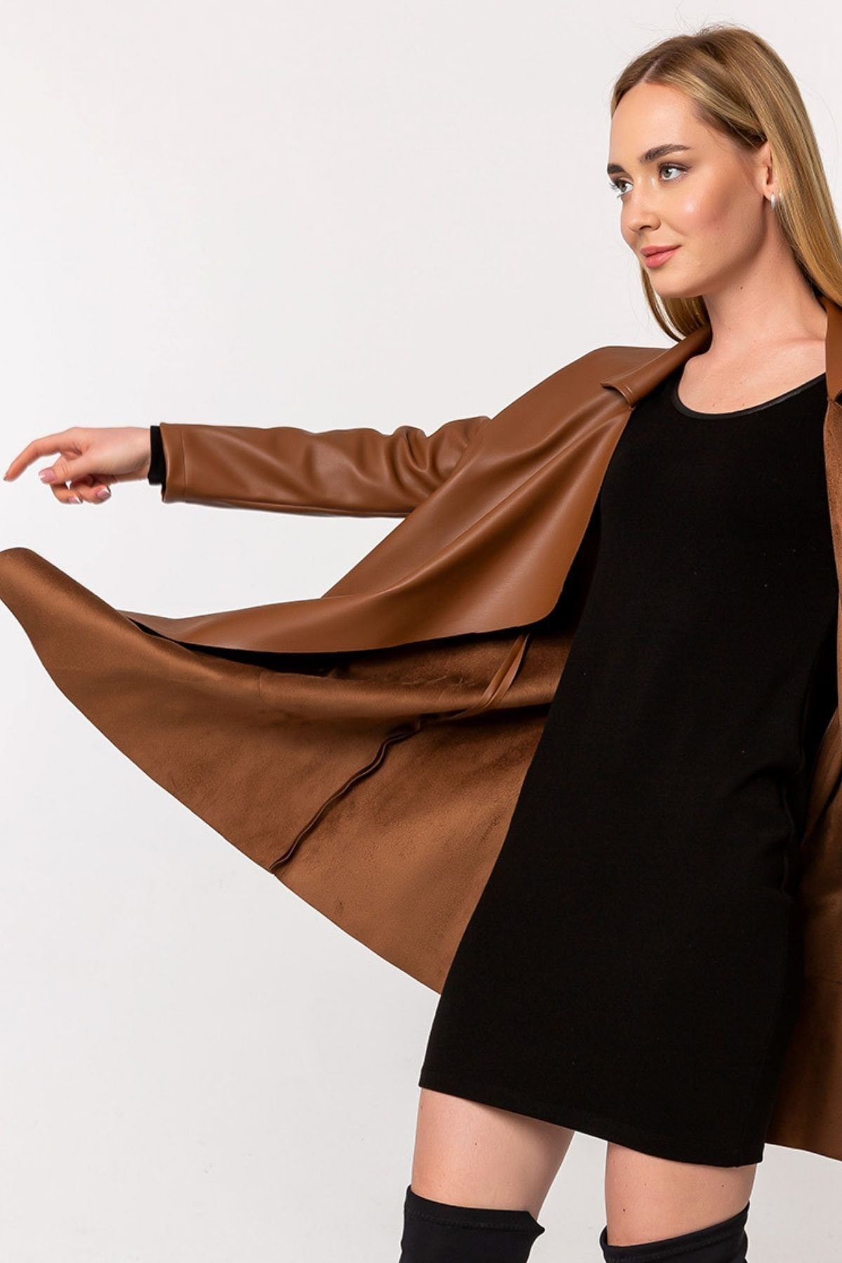 Laranor  Kahverengi Şal Yaka Şardonlu Deri Hırka - Görsel 5