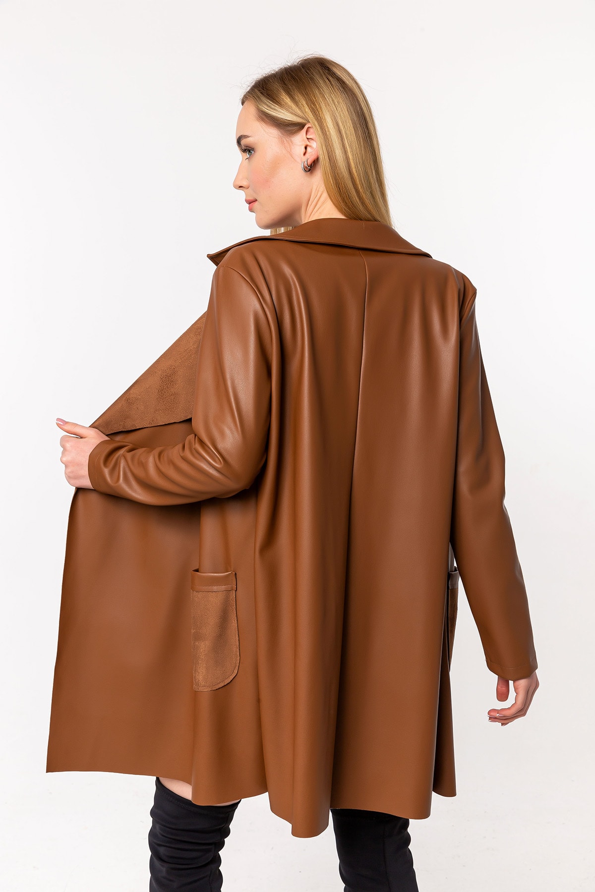 Laranor  Kahverengi Şal Yaka Şardonlu Deri Hırka - Görsel 7