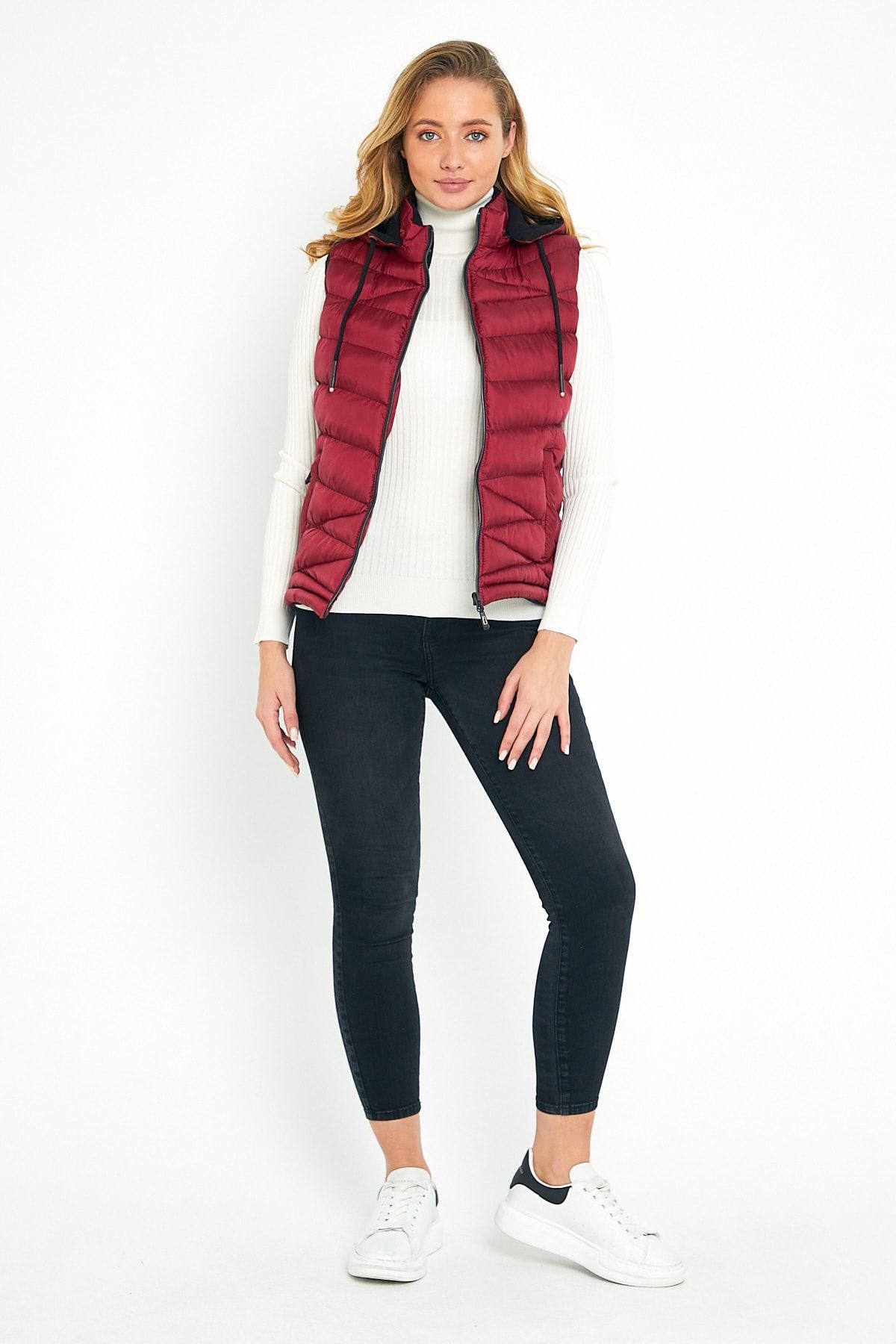 DYNAMO-Women's Burgundy Puffer Vest with Fleece Inside Hood 5