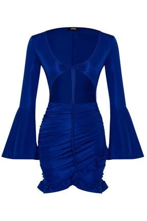 Mavi Kadın Pencereli Uzun Kollu Mini Elbise Los Angeles A05M