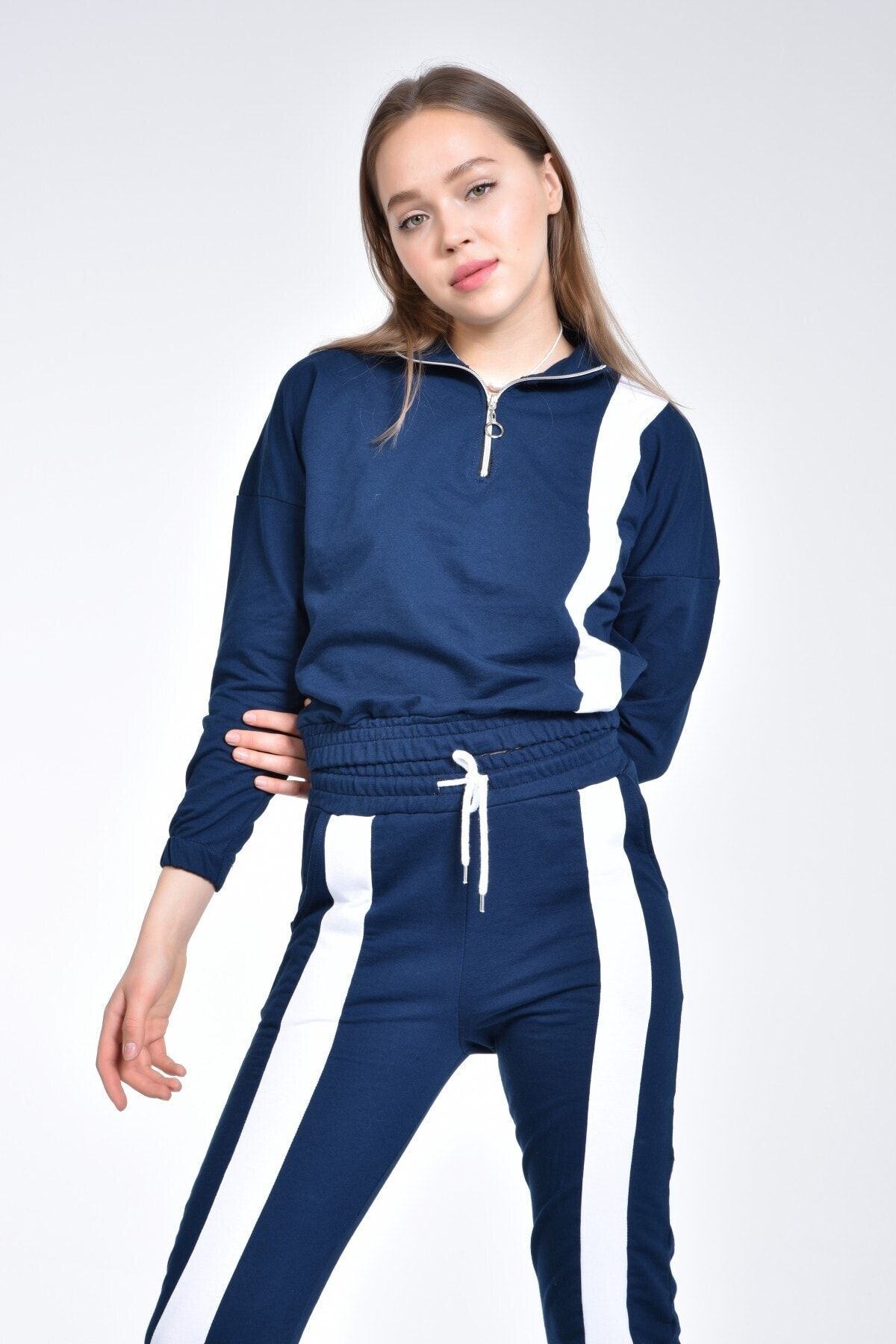 DIANKA FASHION Kadın Lacivert Beyaz Şeritli Fermuar Detaylı Eşofman Takımı  | 59%YE KADAR İNDİRİM | shineray.com.ar