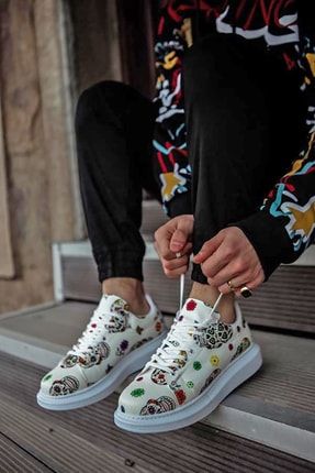 Erkek Beyaz Renkli Desenli Model Sneaker KNK044