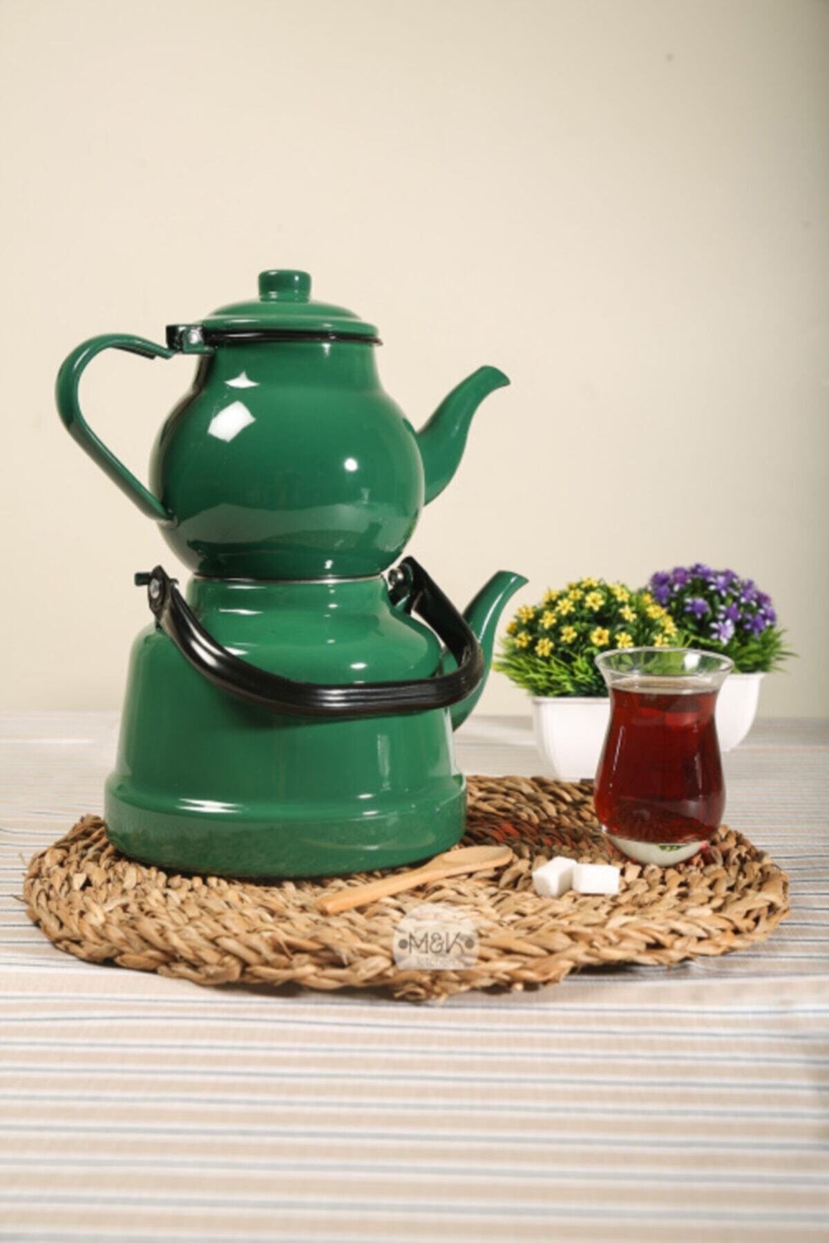 M&K Kitchen Ebru Emaye Yeşil Çaydanlık Takımı Lüks Nostalji Koleksiyonu 1,1 / 2,5 L