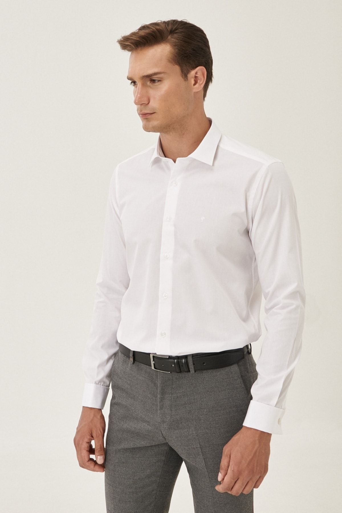 Altınyıldız Classics Erkek Beyaz Tailored Slim Fit Duble Manşet Gömlek 4A2000000002