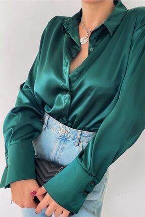 Kadın Zümrüt Yeşili Oversize Saten Gömlek 0999-0002