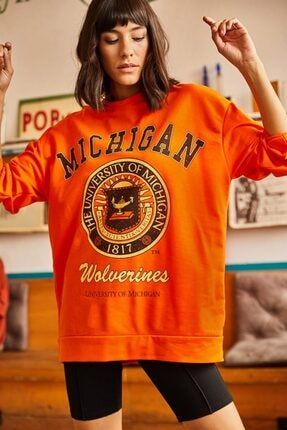 Mıchıgan Baskılı Oranj Turuncu Sweatshirt Michigansweatshirtoylav1