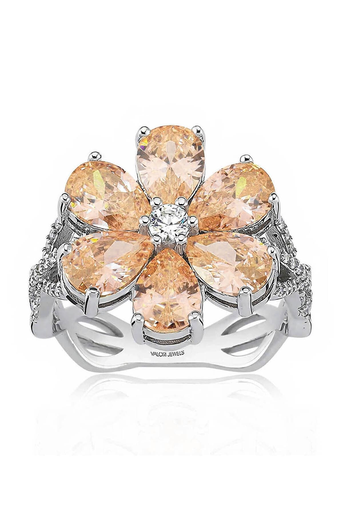 s4 Carat Zircon Champagne Color Drop Stone, Magnolia Flower Silver Rings