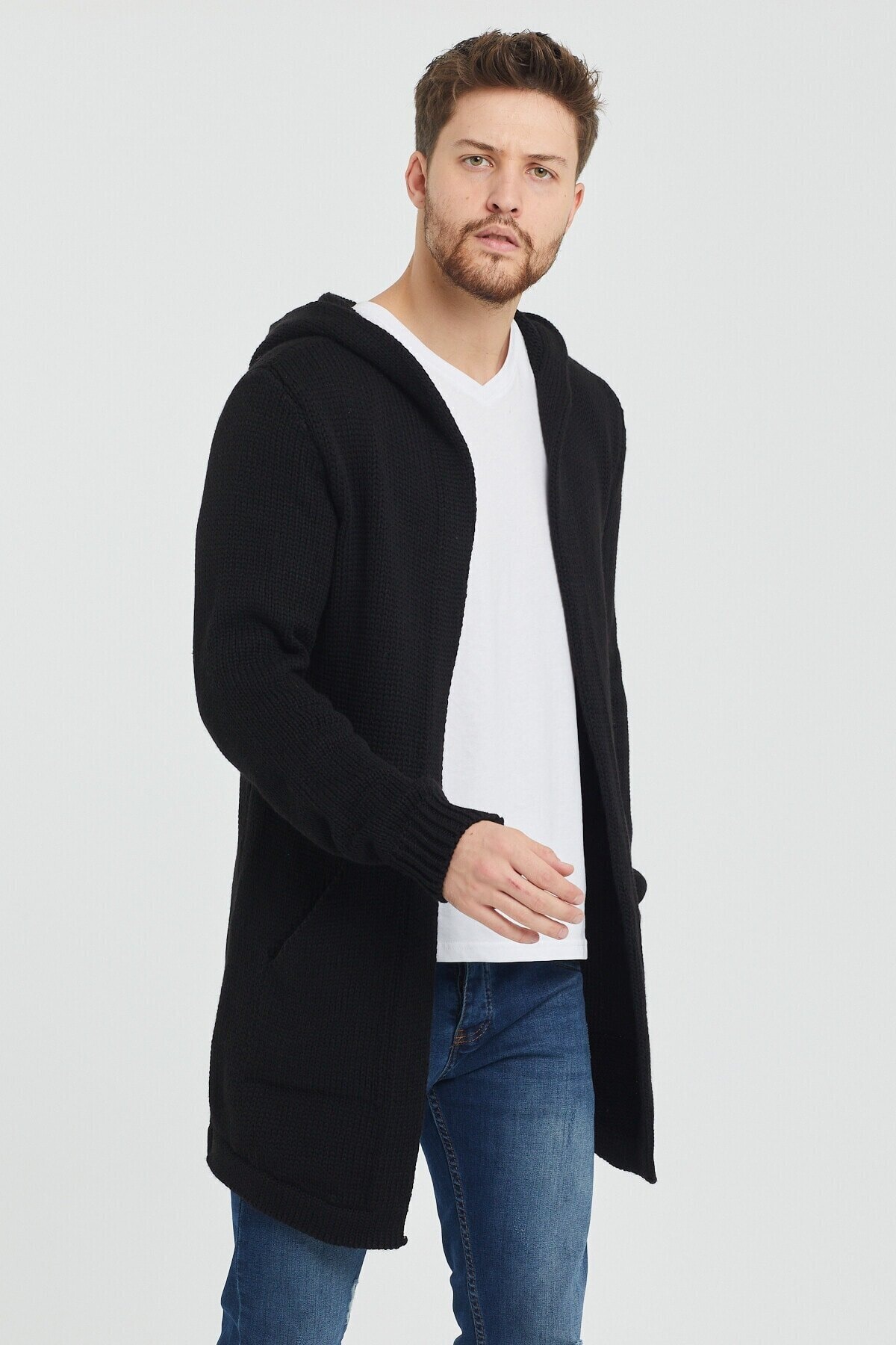 COOL TARZ  Erkek Siyah Kapüşonlu Cepli Panço Triko Hırka - Görsel 2