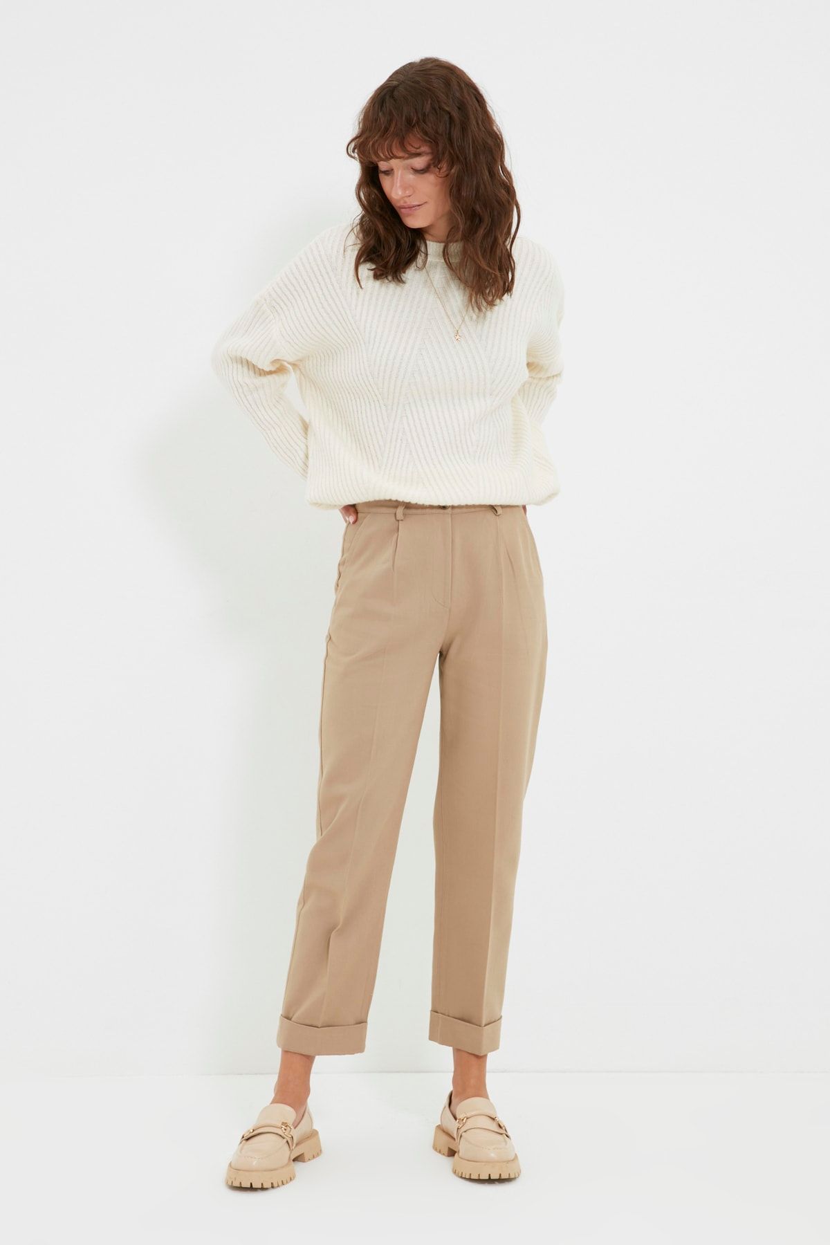 TRENDYOL MODEST Beige High Waist Pleated Detailed Trousers