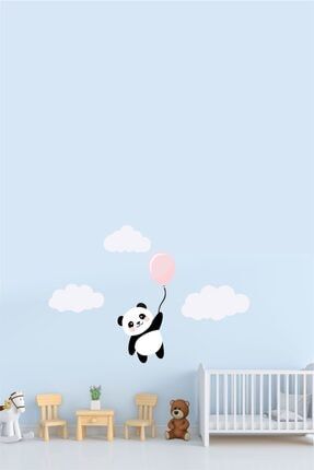 Bulutlar Arasında Balonla Uçan Panda Çocuk Odası Duvar Sticker S7