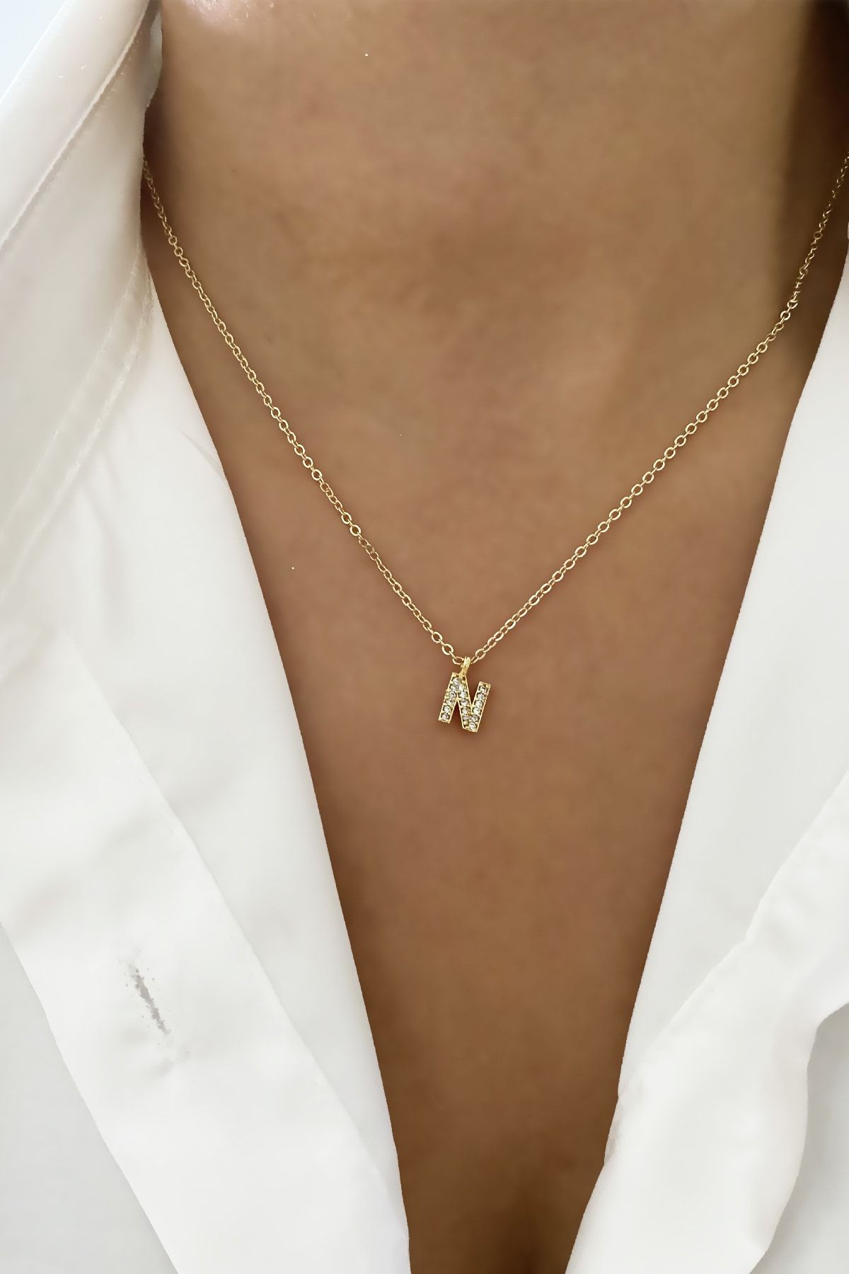im Design Thin Chain Zircon Stone Letter Necklace Letter N Trendyol