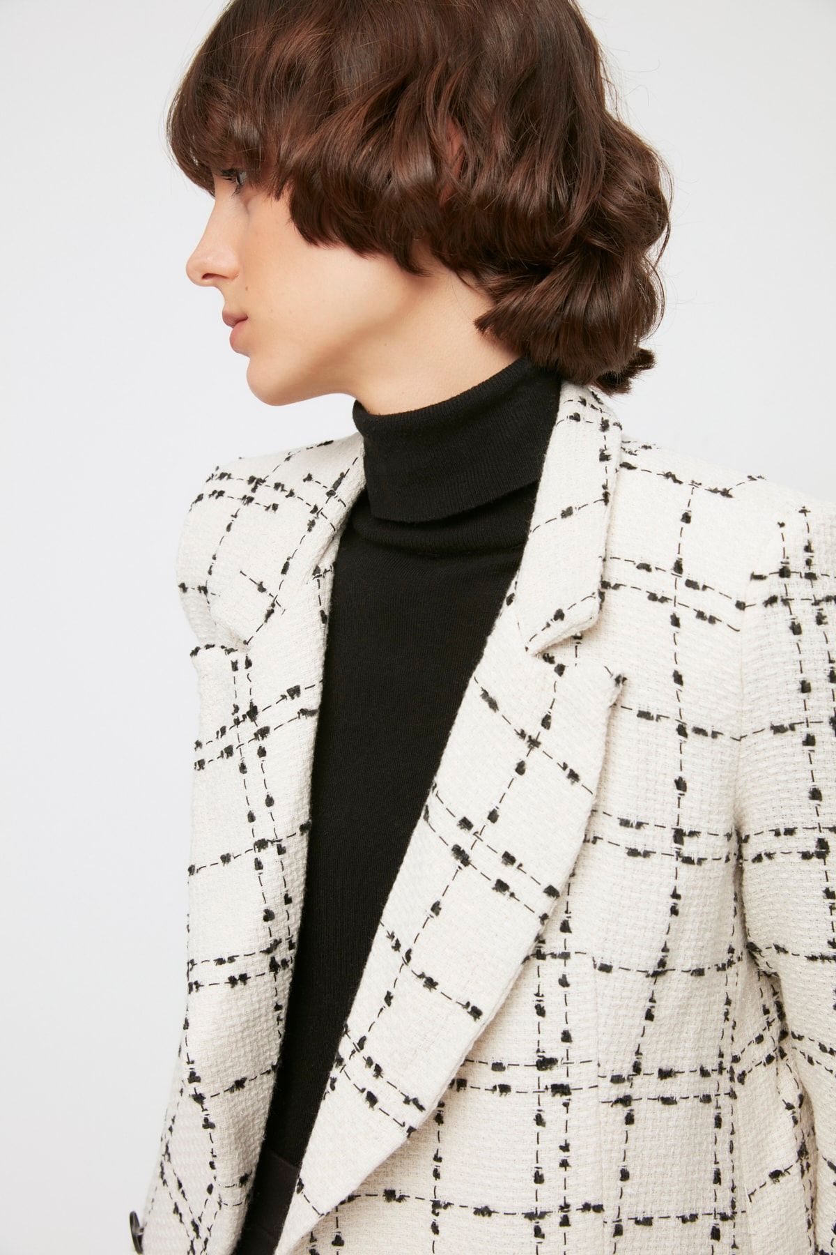Trendyol Collection-Ecru Tweed Oversize szőtt kockás blézer dzseki TWOAW21CE0105 3