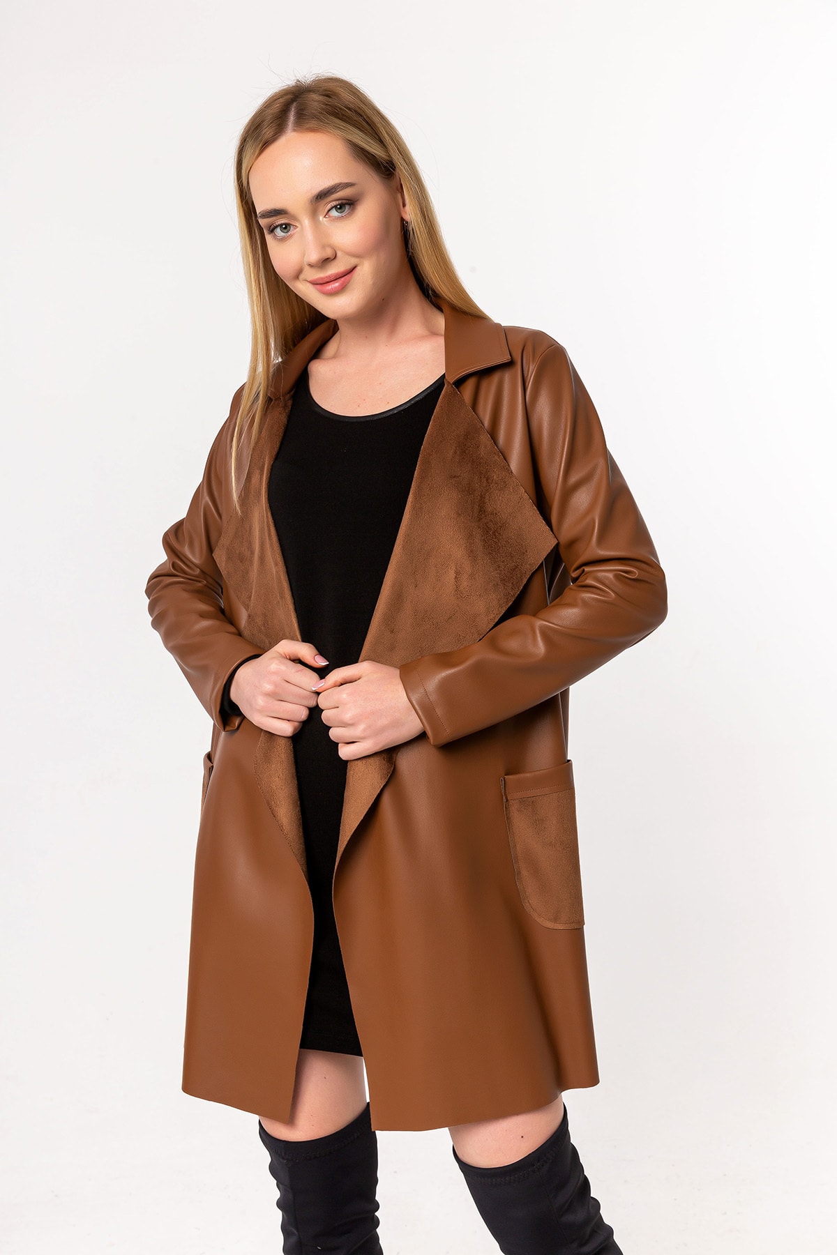 Laranor  Kahverengi Şal Yaka Şardonlu Deri Hırka - Görsel 4