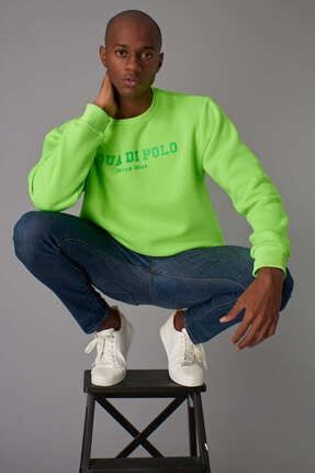 Erkek Neon Yeşil Logo Baskılı Bisiklet Yaka Şardonlu Sweatshirt Apfg000633 APFG0006