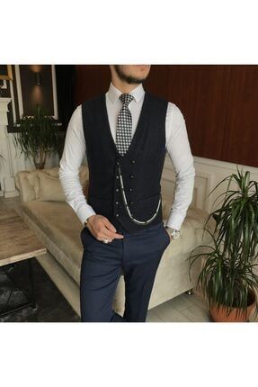 Italyan Stil Erkek Slim Fit Kaşe Lacivert Cepken Yelek T6398