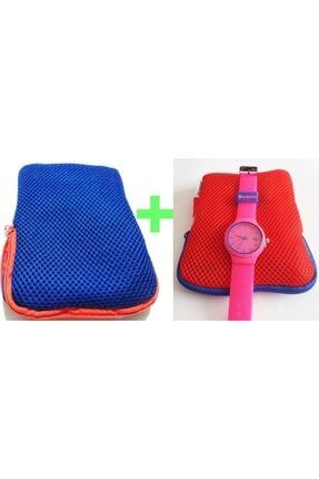 Mavi Kırmızı 2 Adet Makyaj Çantalı Seyahat Seti & Renkli Silikon Kordonlu Genç Kol Saati SKS59