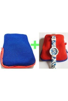 Mavi Ve Kırmızı 2 Adet Makyaj Çantalı Seyahat Seti & Renkli Silikon Kordonlu Genç Kol Saati Hediyeli SKS59