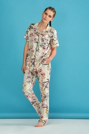 Pijama Kadın Dokuma Kumaş Önden Düğmeli Kısa Kol Pijama Takımı 7426