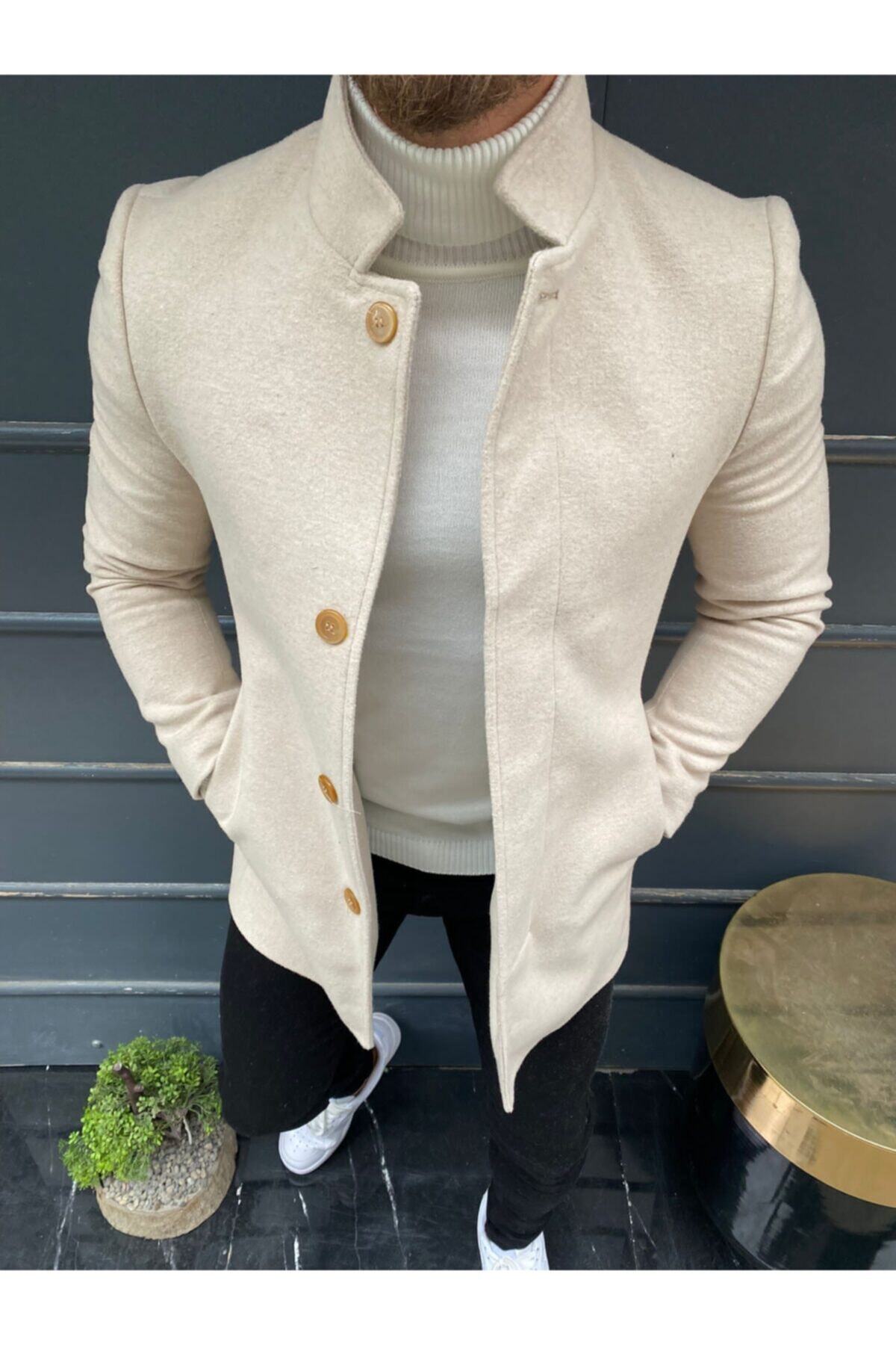 leonmen  Italyan Stil Slim Fit Yünlü Dik Yaka Kaşe Kaban - Görsel 2