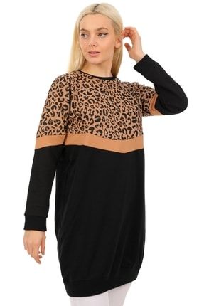 Kadın Siyah Leopar Desenli Renk Bloklu Uzun Sweatshirt MDTRN17245