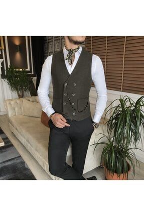 Italyan Stil Erkek Slim Fit Yeşil Cepken Yelek T6399