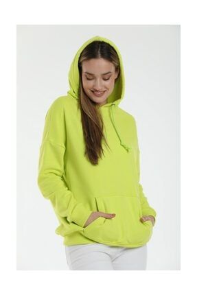 Kadın Kapşonlu Sweatshirt Oversize Neon Yeşil Renk Kanguru Cepli ZRA444001