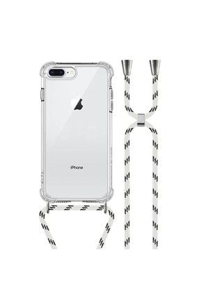 Apple Iphone 7 Plus 8 Plus Boyundan Askılı Şeffaf Darbe Emici Silikon Telefon Kılıfı Beyaz Ipli 7plus8pusaskılıkılıf10