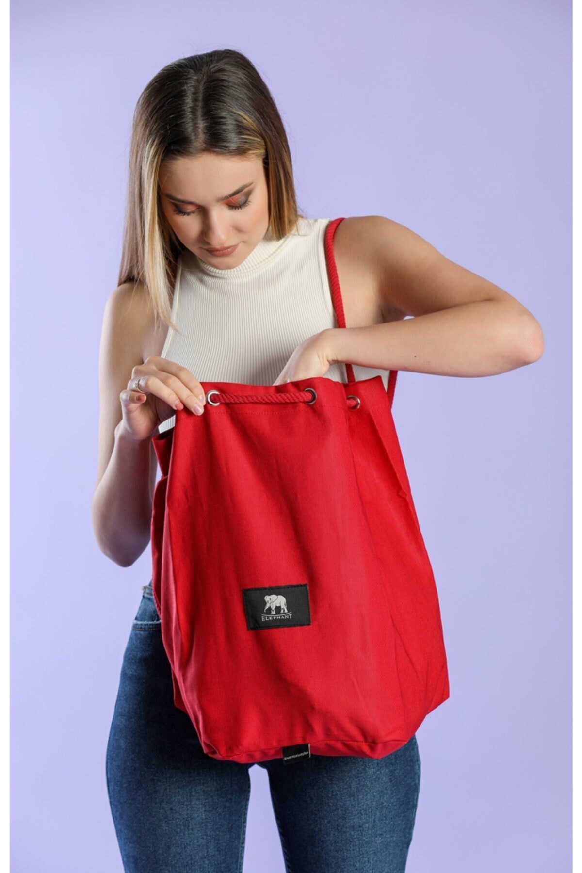 ELEPHANT ÇANTA-Red Canvas Drawstring Backpack 4