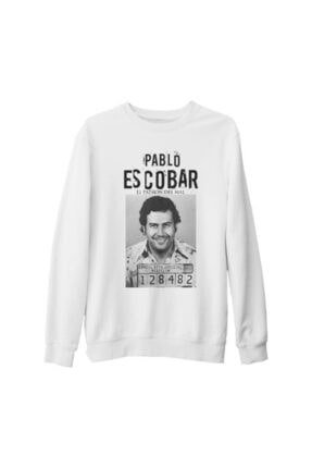 Unisex Beyaz Pablo Escobar 128482 Kalın Sweatshirt BK-563