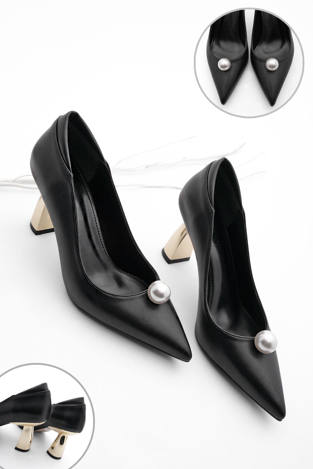 Kadın Ayna Ökçe İncili Stiletto Topuklu Ayakkabı Nolec Siyah