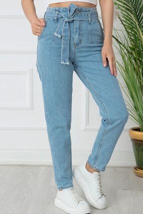 Kadın Buz Mavisi Pileli Kuşaklı Dar Kalıp Denim Jeans Kot Pantolon G1230-A
