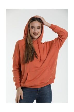 Kadın Oversize Kapüşonlu Sweatshirt Turuncu Renk Kanguru Cepli ZRA444001