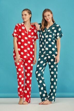 Pijama Kadın Kırmızı Dokuma Kumaş Önden Düğmeli Kısa Kol Ev Giyimi 7446