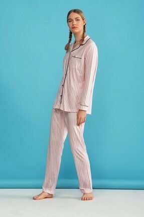 Pijama Kadın Penye Modal Kumaş Uzun Kol Düğmeli Pijama Takımı 7419