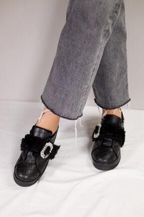 India Siyah Taşlı Tüylü Sneakers Spor Ayakkabı 20FZ282