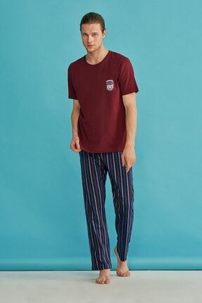 Pijama Erkek Bordo Mavi Penye Kumaş Pijama Takımı 5659