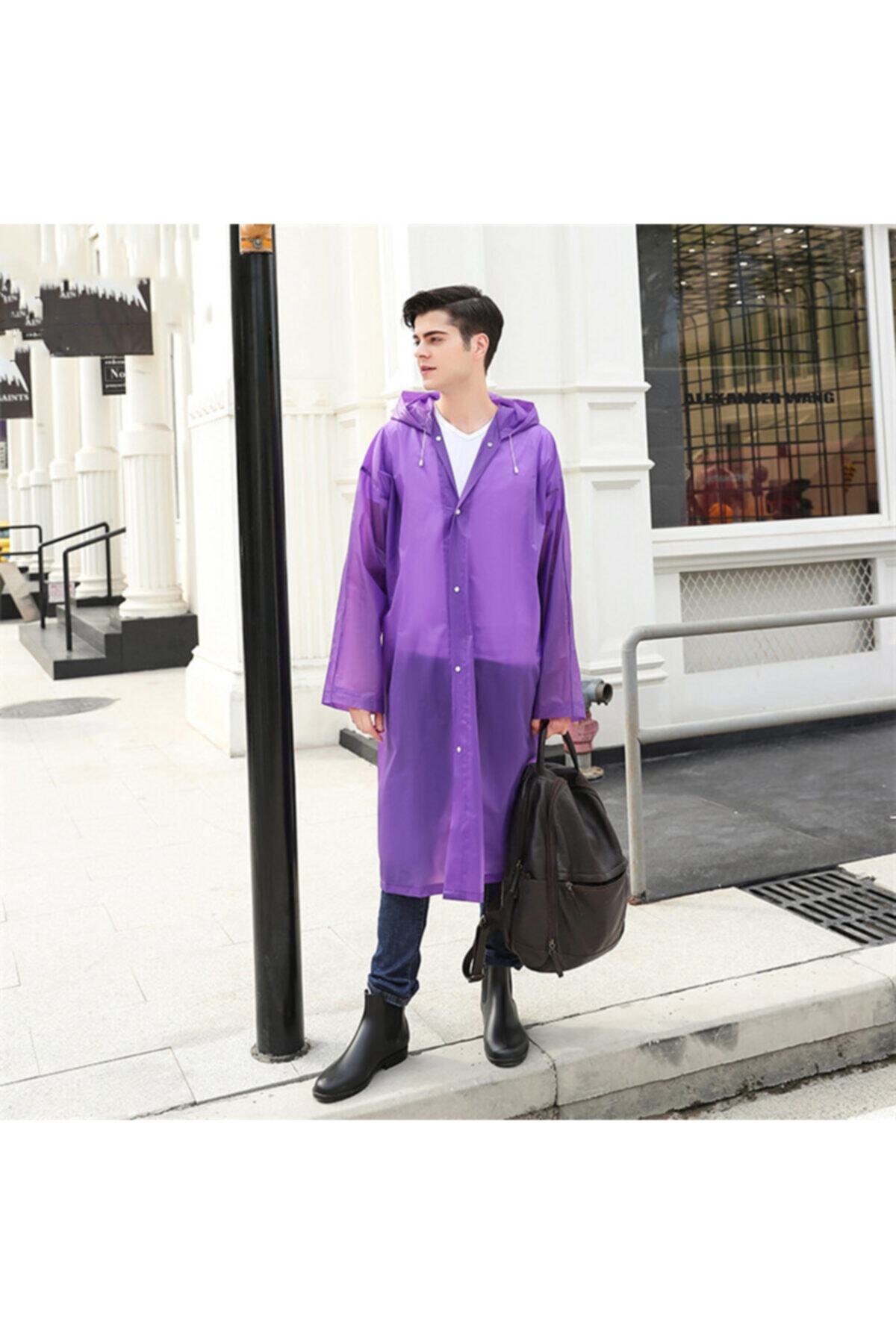 Kadın Erkek Yağmurluk Kapüşonlu Çıtçıtlı Eva Mor Yağmurluk — بنفش Yağmurluk Unisex — تصویر 3 از 8