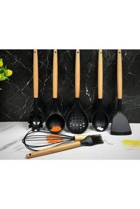 7 Parça Bambu Saplı Silikon Kepçe Spatula Mutfak Seti Siyah mprn-231510144