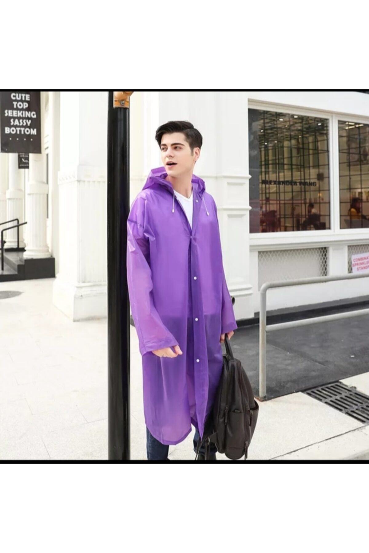 Kadın Erkek Yağmurluk Kapüşonlu Çıtçıtlı Eva Mor Yağmurluk — بنفش Yağmurluk Unisex — تصویر 4 از 8