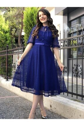 Kadın Saks Mavisi Güpür Dantel Kemerli Elbise ED1076